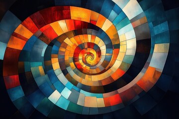 vibrant abstract geometric shapes modern cubism warm glowing lights colorful spiral pattern design