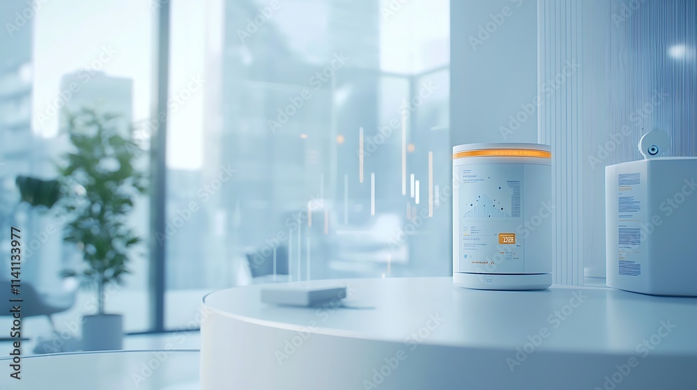 Leinwandbilder smart home device displaying data on a table in a modern office with a city view.
