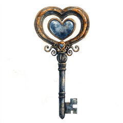 A vintage heart shaped key with intricate designs and metallic finish, symbolizing love and romance