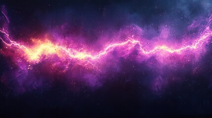 Naklejka premium Abstract cosmic energy, vibrant pink, purple, and yellow lightning streaks across a dark nebula background.