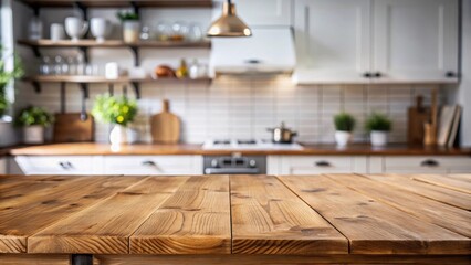 Empty wooden table with blurred kitchen background for product display, wooden table, kitchen, background, product, display, mockup