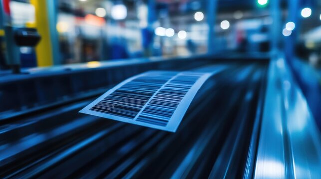 A macro image of a bar code printed on industrial equipment ready to be scanned for tracking purposes while machinery mechanisms are faintly visible in the background.