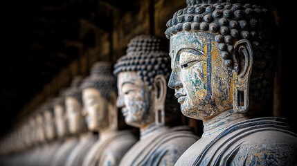 Row of ancient buddha statues displaying serenity and wisdom