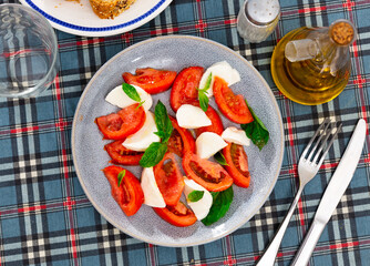 Light refreshing caprese salad of tender mozzarella and ripe tomatoes. Italian style appetizer or entree