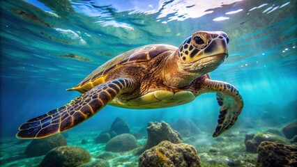 Close-up of a Hawaiian green sea turtle swimming underwater, Hawaiian, Green Sea Turtle, Chelonia mydas