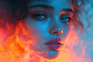 Digital Woman Portrait with Glitch Effects in Neon Colors and Futuristic Themes