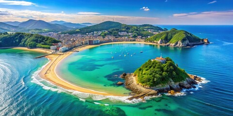 Naklejka premium Turquoise bay of San Sebastian with La Concha beach, aerial view, San Sebastian, Donostia