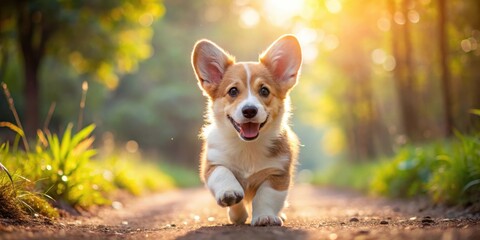 Fototapeta premium Adorable corgi puppy running joyfully on a sunny forest path , corgi, puppy, dog, running, forest, path, nature, pet, adorable
