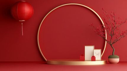 Red background holiday themed e-commerce product exhibition booth