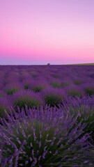 Obraz premium A field of lavender flowers stretching to the horizon under a soft pink sky.