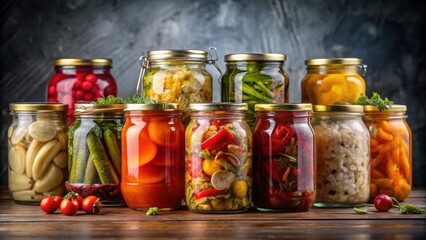 Homemade fermented pickled vegetables in glass jars , fermentation, homemade, pickled, food preservation