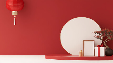 Red background holiday themed e-commerce product exhibition booth