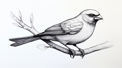 A black and white drawing of a bird perched on a branch