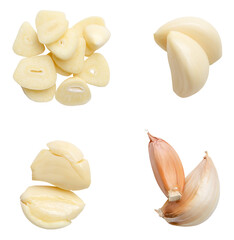 Top view set of peeled garlic cloves and slices isolated on white background with clipping path