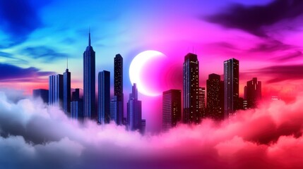 Fototapeta premium A cityscape with a large red and pink moon in the sky