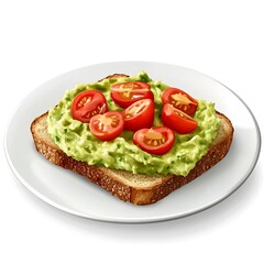 A slice of toasted bread topped with mashed avocado and cherry tomato halves.
