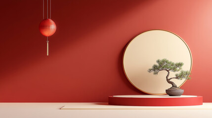 Red background holiday themed e-commerce product exhibition booth