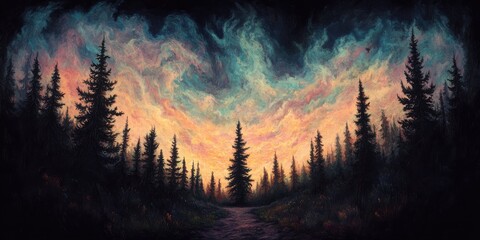 Psychedelic Landscape Featuring Glowing Trees and Shimmering Skies at Twilight Nature Scene Dreamlike Environment Serene Viewpoint