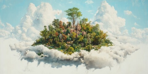 Surreal Cloud Cityscape Dreamlike Landscape Digital Art Floating Island Whimsical Viewpoint Imaginative World for Visual Exploration