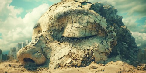 Surreal Dreamscape Featuring a Giant Eye Overlooking a Cracked Face Urban Environment Digital Art Fantasy Concept