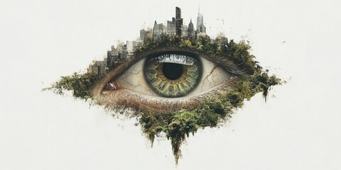 Surreal Dreamscape with a Giant Eye Overlooking a Cityscape Urban Environment Art Concept Creative Imagination