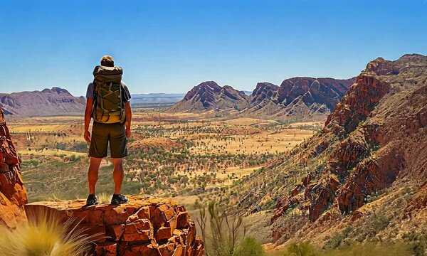 Backpacker on a rocky outcrop overlooking a vast Australian outback landscape.