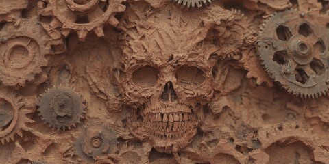 Surreal Skull Portrait with Industrial Gears Artistic Display Urban Environment Close-up View Conceptual Art for Creative Imagination