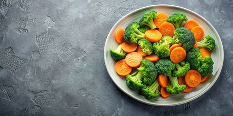 Plate of fresh carrots and broccoli slices on a gray background, healthy, food, concept, vegetables, greens, organic