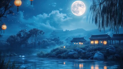 Serene moonlit Asian landscape with tranquil river and lanterns
