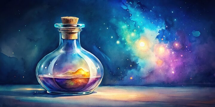 Captivating watercolor painting of a mysterious potion bottle filled with glowing elixir , Halloween, drawing, art,creepy