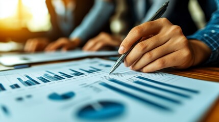Business team in a collaborative meeting Discussing graphs and financial data while developing a detailed marketing project plan for future success