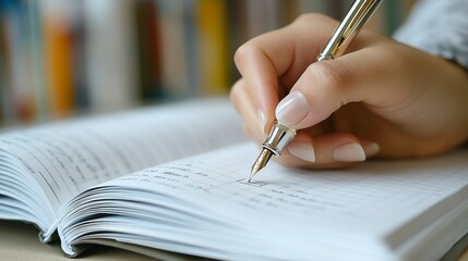 Detailed shot of a hand gracefully writing in a notebook with a luxury pen Highlighting precision and sophistication in the act of jotting down notes