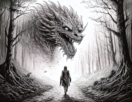 Black and White Art of a figure approaching a rising dragon.
