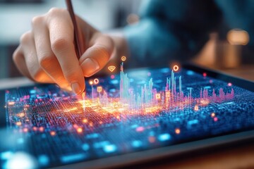 Data Analysis Business Growth Planning and Strategy Financial Development on Tablet with Digital Interface and Graphs