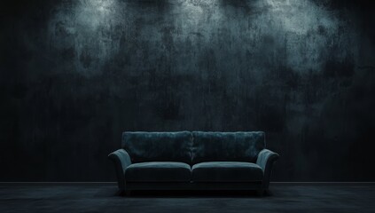 Dark teal velvet couch against a moody, textured wall, illuminated by spotlights.
