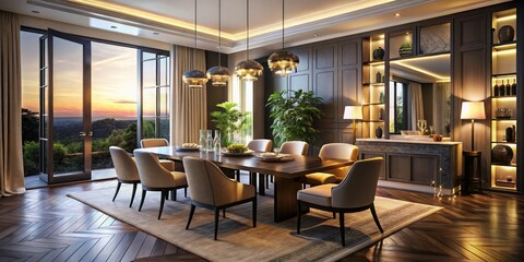 Fototapeta premium Deep focus captures a luxurious Italian villa's minimalist dining room; ebony, ivory, and dim evening light.