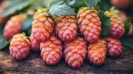 Fototapeta premium A close-up of fresh, vibrant hop cones with green leaves on a rustic wooden surface.