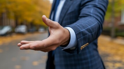 Empty hand extended by a businessman wearing a suit Highlighting the gesture of openness, offering, and professionalism