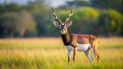 Naklejka premium Majestic blackbuck antelope standing gracefully in grassy field, wildlife, animal, India, horns, nature, mammal, safari