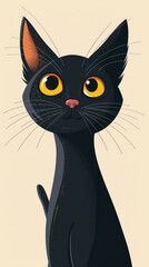portrait of a cat, made in a stylized manner. The cat is black in color with contrasting orange eyes and the inside of the ears.  