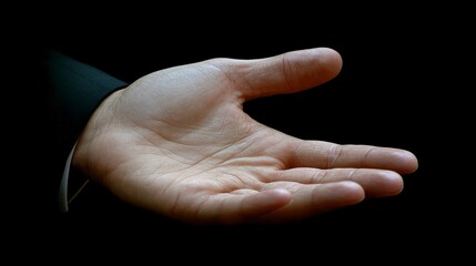 Empty hand extended by a businessman wearing a suit Highlighting the gesture of openness, offering, and professionalism