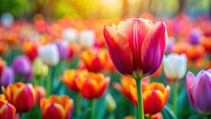 Tulip flower bloom on background of blurry tulips in tulips garden, tulips, flowers, garden, spring, blooming, beauty