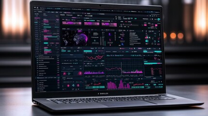Obraz premium Laptop screen displaying trending product graphs A business professional analyzing data and identifying key market trends and insights