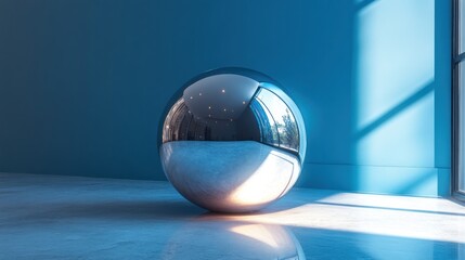 Chrome sphere reflecting light in a modern blue room.