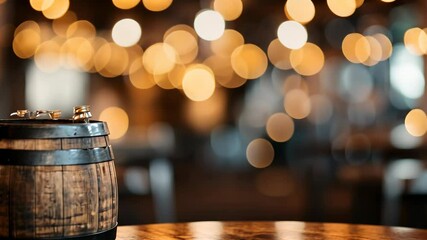Rustic wooden barrel sits on table in a dimly lit bar with warm bokeh lights in the background creating a cozy atmosphere