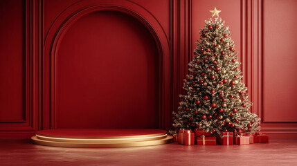 Red background holiday themed e-commerce product exhibition booth