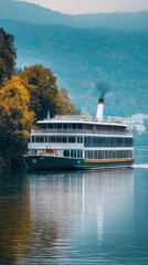 Obraz premium River cruise ship gliding through water surrounded by trees and mountains with vibrant foliage