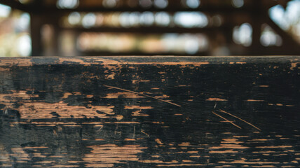 Close-up of an aged wooden surface with scratches and texture, set against a blurred rustic background, creating an atmosphere of warmth and nostalgia.