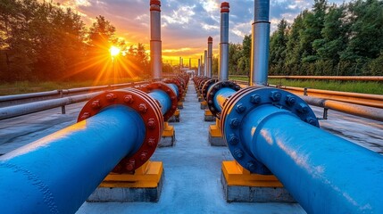 Sprawling industrial complex featuring an intricate network of pipes, gleaming ducts, and stark smokestacks set against a cloudy urban backdrop.