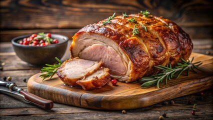 Juicy and perfectly cooked pork roast with crispy skin , succulent, meat, dinner, cooking, delicious, savory
